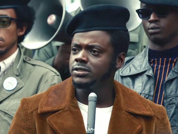 Daniel Kaluuya as Fred Hampton addressing Black Panthers protest crowd in Judas and the Black Messiah