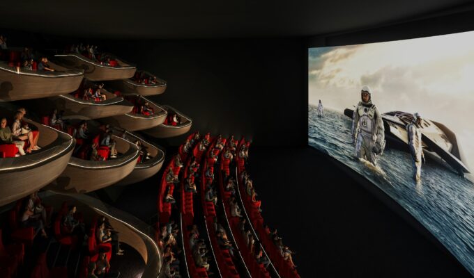 Graphic image rendering of Oma cinema pod viewing experience, screening Interstellar by Christopher Nolan