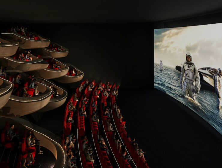 Graphic image rendering of Oma cinema pod viewing experience, screening Interstellar by Christopher Nolan