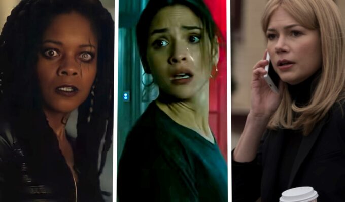 the background role treatment of women characters in Sony's universe of marvel characters. pictured: naomie harris, adria arjona, and michelle williams