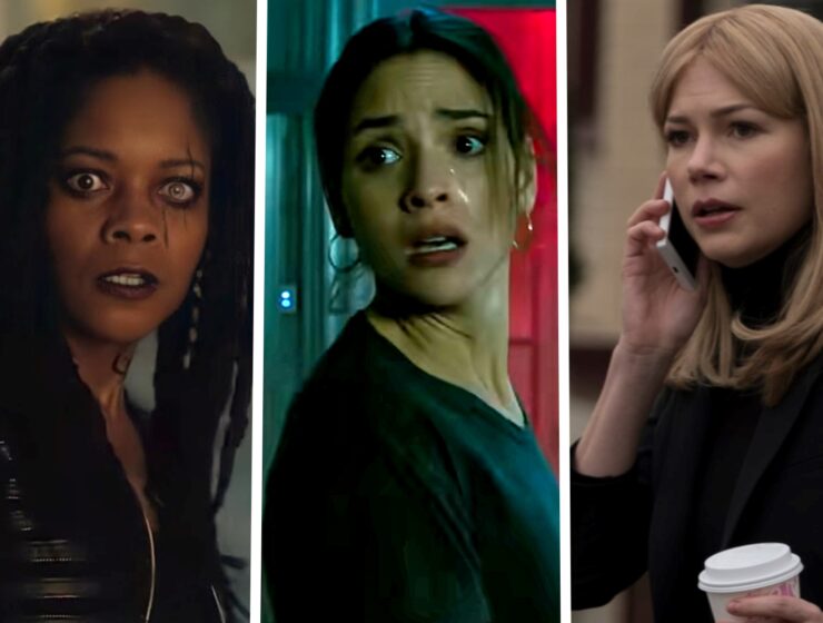 the background role treatment of women characters in Sony's universe of marvel characters. pictured: naomie harris, adria arjona, and michelle williams