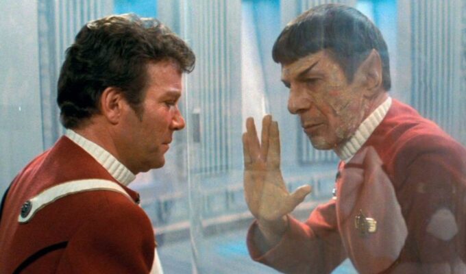 Leonard Nimoy as Spock saying goodbye to William Shatner as Kirk in Star Trek II: The Wrath of Khan