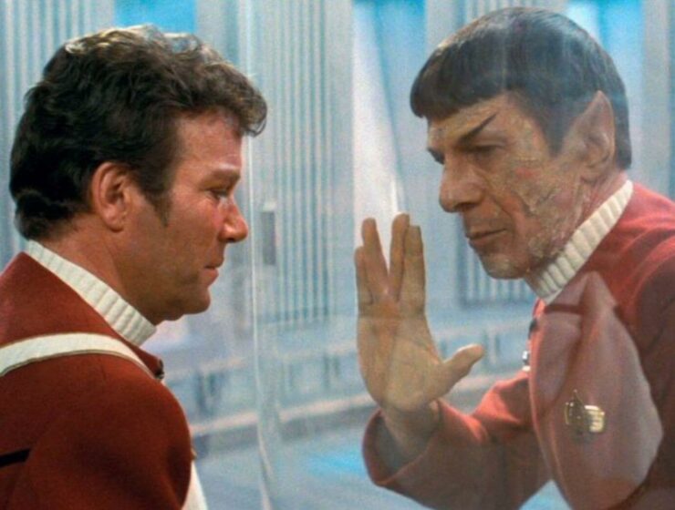 Leonard Nimoy as Spock saying goodbye to William Shatner as Kirk in Star Trek II: The Wrath of Khan