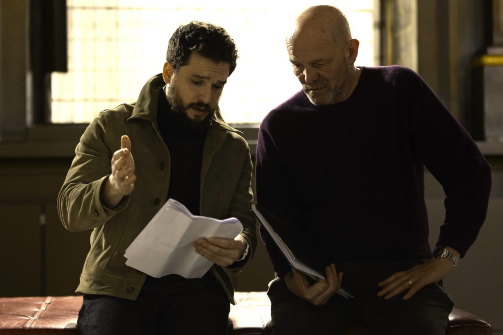 kit harington and simon cellan jones on set of the family plan 2
