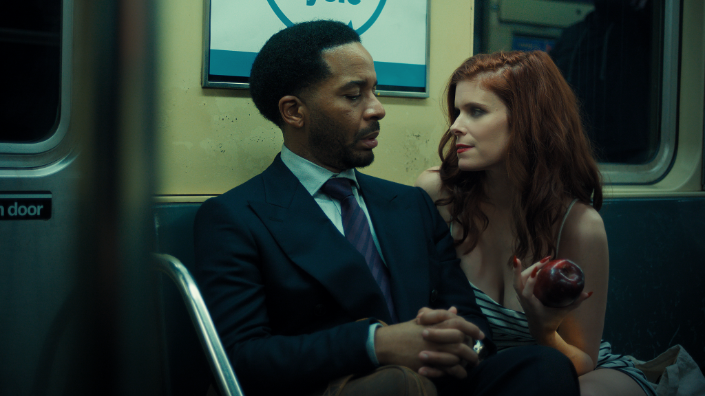 andre holland and kate mara as clay and lula in andre gaines the dutchman 2025